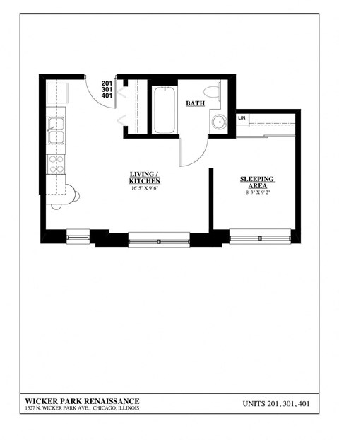 Floor plan for studio, 1 bath, 437 sqft